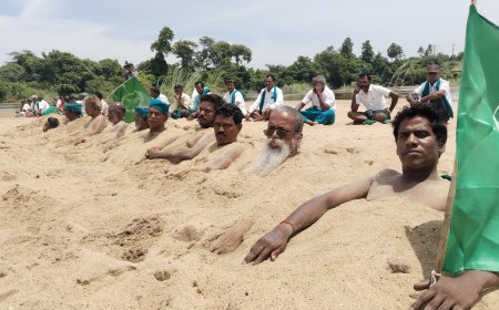 காவிரி ஆற்றில் புதைந்த விவசாயிகள்; திருச்சியில் பரபரப்பு