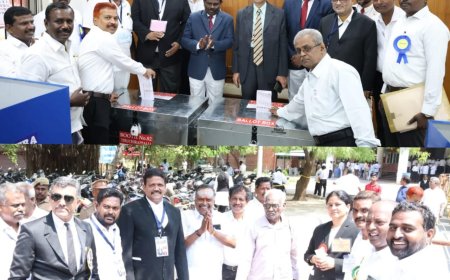 திருச்சி நீதிமன்றத்தில் தமிழ்நாடு -புதுச்சேரி பார் கவுன்சில் தேர்தல்; வரிசையில் நின்று வாக்களித்த வழக்கறிஞர்கள்