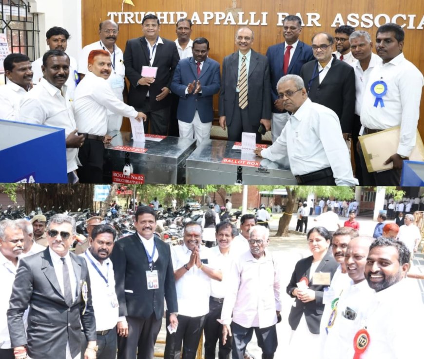 திருச்சி நீதிமன்றத்தில் தமிழ்நாடு -புதுச்சேரி பார் கவுன்சில் தேர்தல்; வரிசையில் நின்று வாக்களித்த வழக்கறிஞர்கள்